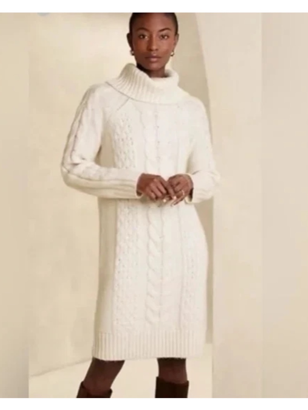 NEW Banana Republic Ivory Chunky Cable Knit Turtleneck Alpaca Wool Dress Small